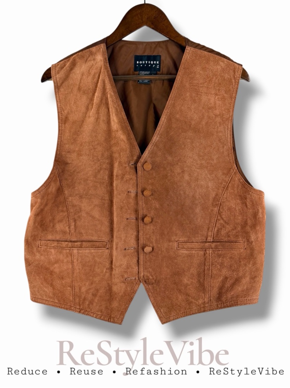 BOUTIQUE EUROPA Men’s Size L Vest Genuine Leather Suede VINTAGE Button Close 80s